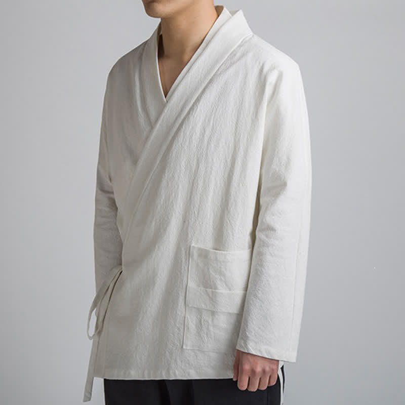 Buddha Stones Kimono da uomo in cotone tinta unita, stile Tang, minimalista, con coulisse, per primavera/autunno, con tasca. - image 14