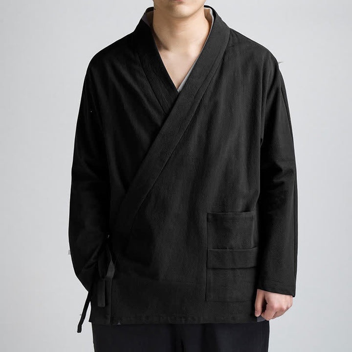Buddha Stones Kimono da uomo in cotone tinta unita, stile Tang, minimalista, con coulisse, per primavera/autunno, con tasca. - Nero - US/UK/AU44, EU54 (4XL) - image 2