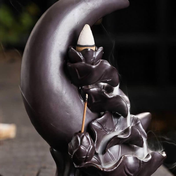 Buddha Stones Bruciatore di incenso a riflusso con loto a mezzaluna in argilla viola e illuminazione - image 9