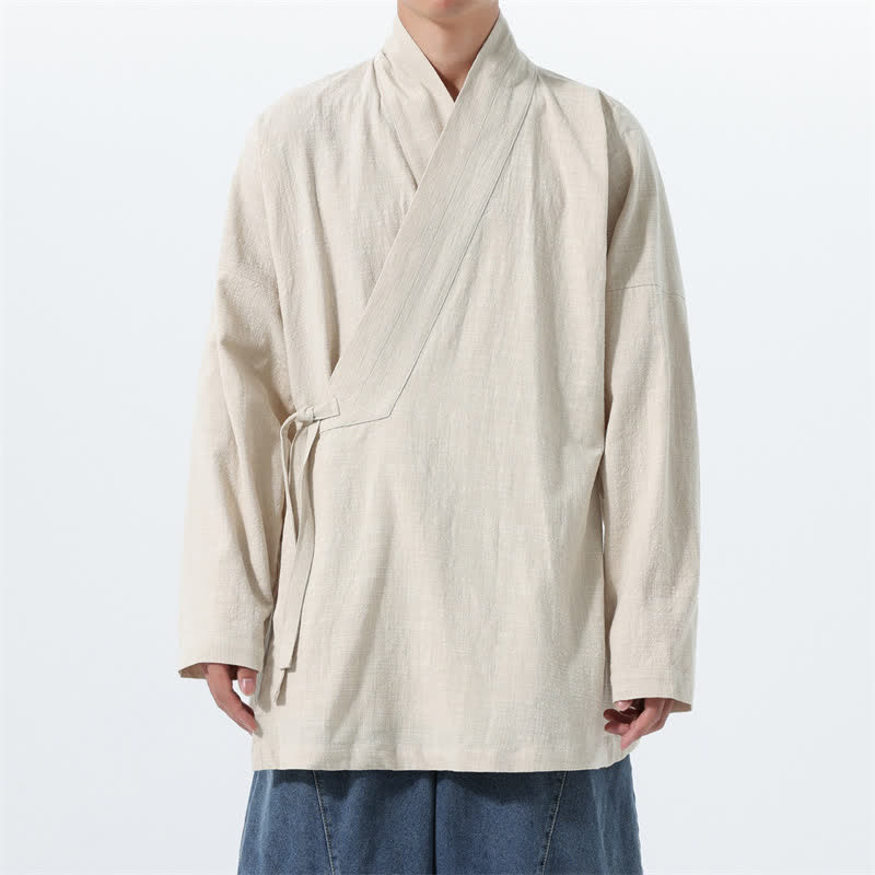 Buddha Stones Kimono da uomo in cotone tinta unita, stile semplice, con coulisse, per autunno/inverno, con tasca. - Beige - US/UK/AU46, EU56 (5XL) - image 17