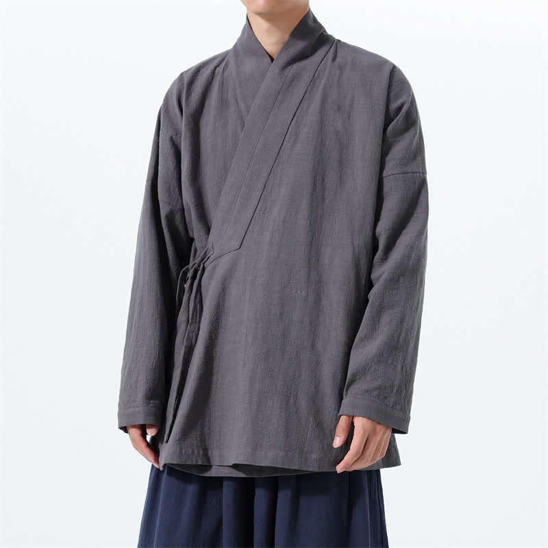 Buddha Stones Kimono da uomo in cotone tinta unita, stile semplice, con coulisse, per autunno/inverno, con tasca. - Grigio tenue - US/UK/AU46, EU56 (5XL) - image 7