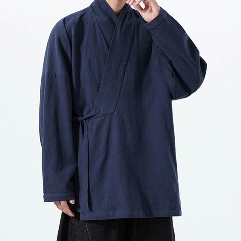 Buddha Stones Kimono da uomo in cotone tinta unita, stile semplice, con coulisse, per autunno/inverno, con tasca. - image 4