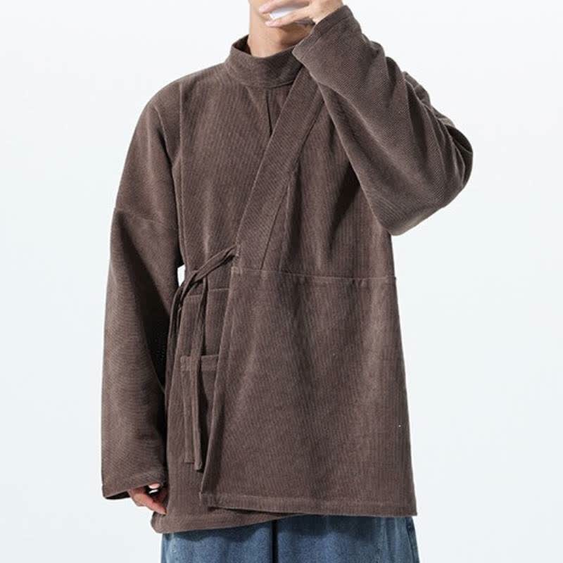 Buddha Stones Kimono da uomo casual autunno/inverno, stile Tang, con colletto alla coreana, tinta unita e tasca. - image 5
