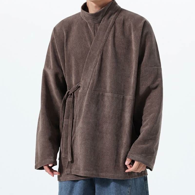Buddha Stones Kimono da uomo casual autunno/inverno, stile Tang, con colletto alla coreana, tinta unita e tasca. - image 3