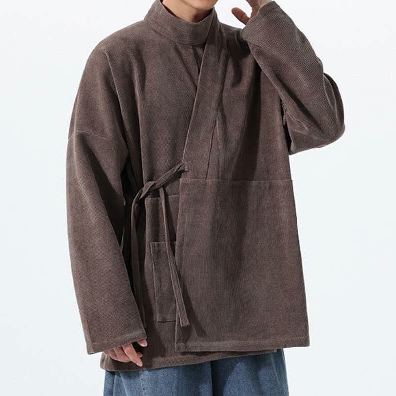 Buddha Stones Kimono da uomo casual autunno/inverno, stile Tang, con colletto alla coreana, tinta unita e tasca. - image 2