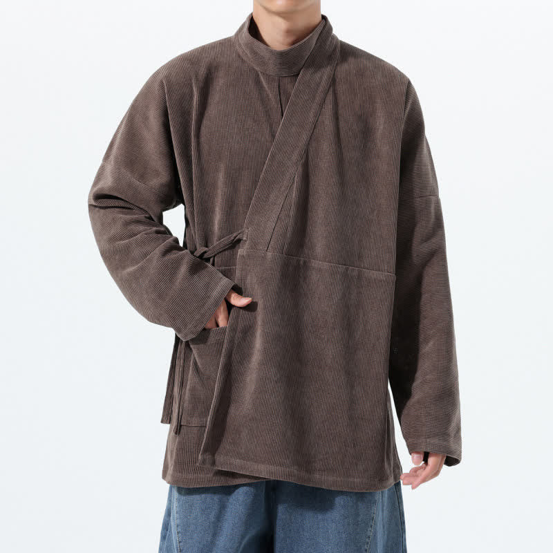 Buddha Stones Kimono da uomo casual autunno/inverno, stile Tang, con colletto alla coreana, tinta unita e tasca. - image 1