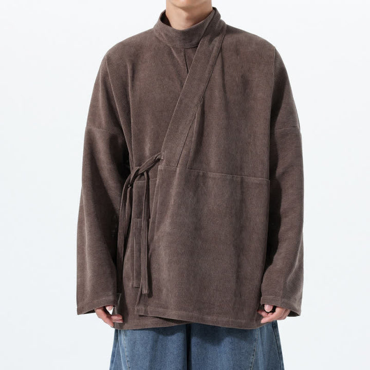 Buddha Stones Kimono da uomo casual autunno/inverno, stile Tang, con colletto alla coreana, tinta unita e tasca. - Marrone sella - US/UK/AU46, EU56 (5XL) - image 0