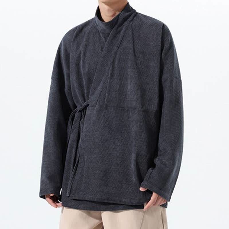 Buddha Stones Kimono da uomo casual autunno/inverno, stile Tang, con colletto alla coreana, tinta unita e tasca. - image 9