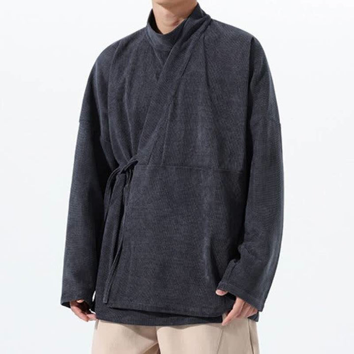 Buddha Stones Kimono da uomo casual autunno/inverno, stile Tang, con colletto alla coreana, tinta unita e tasca. - image 9