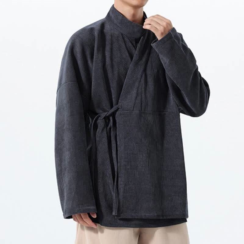 Buddha Stones Kimono da uomo casual autunno/inverno, stile Tang, con colletto alla coreana, tinta unita e tasca. - image 8