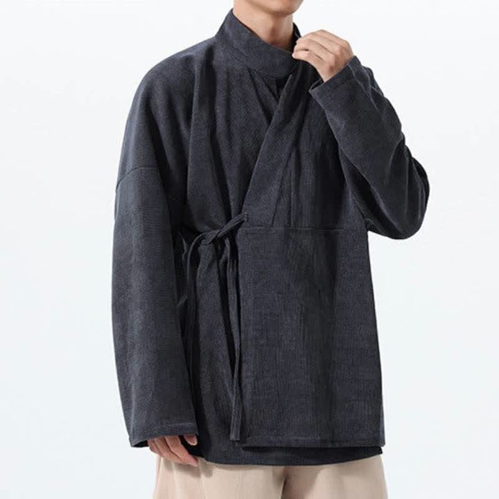 Buddha Stones Kimono da uomo casual autunno/inverno, stile Tang, con colletto alla coreana, tinta unita e tasca. - image 8