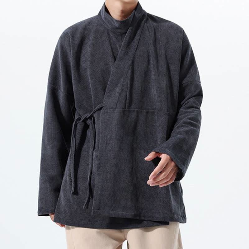 Buddha Stones Kimono da uomo casual autunno/inverno, stile Tang, con colletto alla coreana, tinta unita e tasca. - image 11