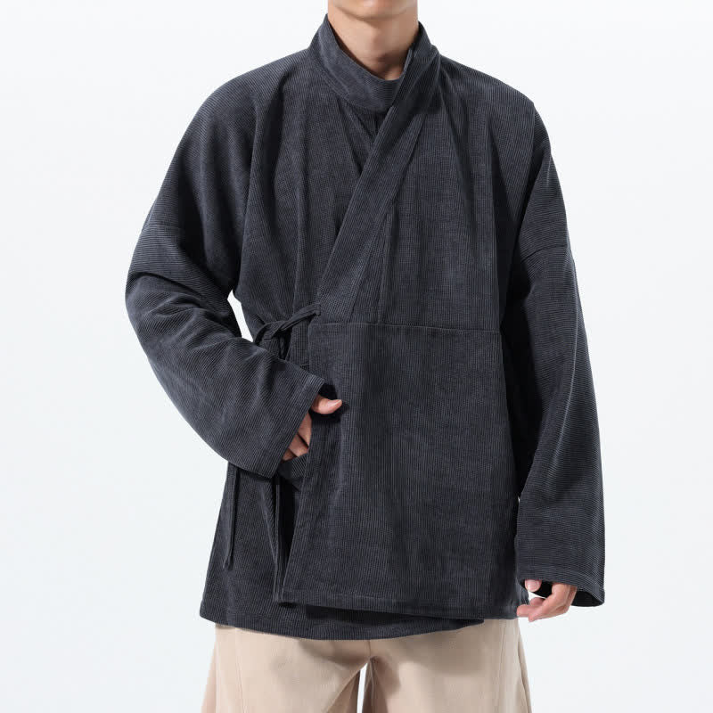 Buddha Stones Kimono da uomo casual autunno/inverno, stile Tang, con colletto alla coreana, tinta unita e tasca. - Grigio tenue - US/UK/AU46, EU56 (5XL) - image 7