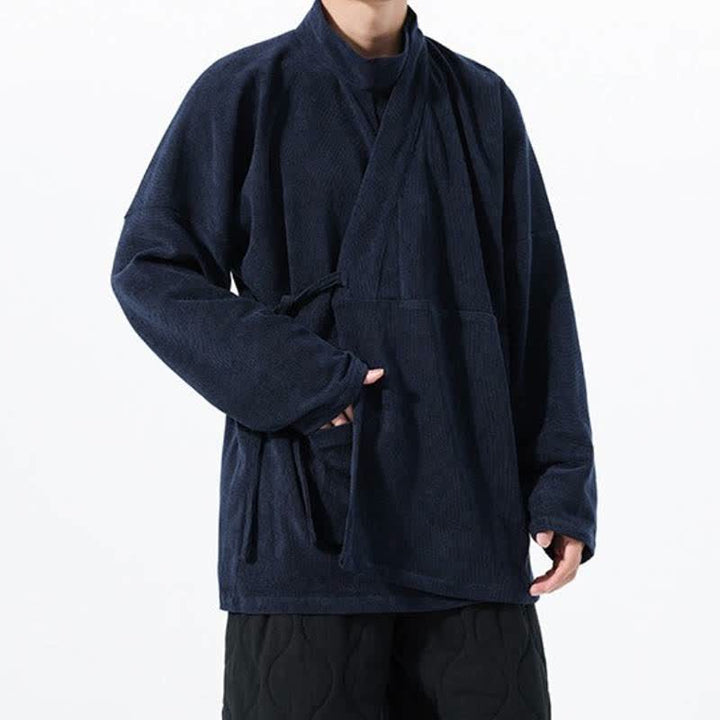 Buddha Stones Kimono da uomo casual autunno/inverno, stile Tang, con colletto alla coreana, tinta unita e tasca. - image 19