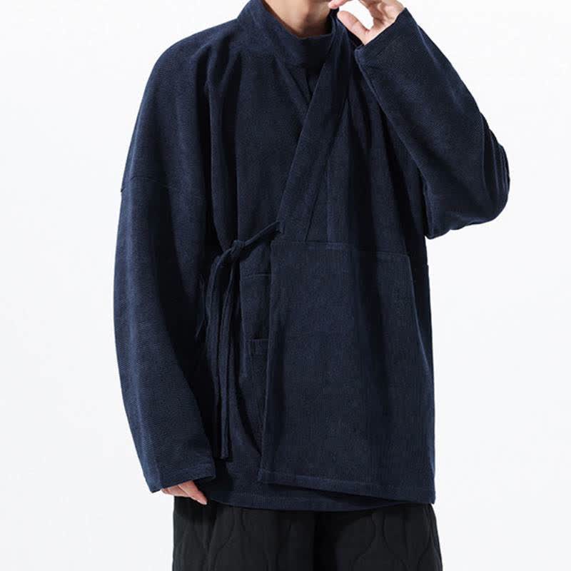 Buddha Stones Kimono da uomo casual autunno/inverno, stile Tang, con colletto alla coreana, tinta unita e tasca. - image 17