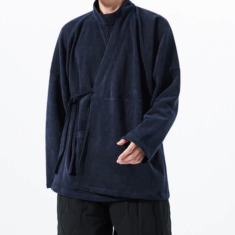 Buddha Stones Kimono da uomo casual autunno/inverno, stile Tang, con colletto alla coreana, tinta unita e tasca. - image 18