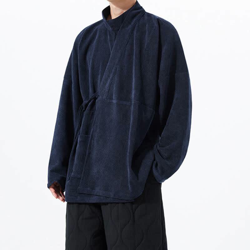 Buddha Stones Kimono da uomo casual autunno/inverno, stile Tang, con colletto alla coreana, tinta unita e tasca. - image 20