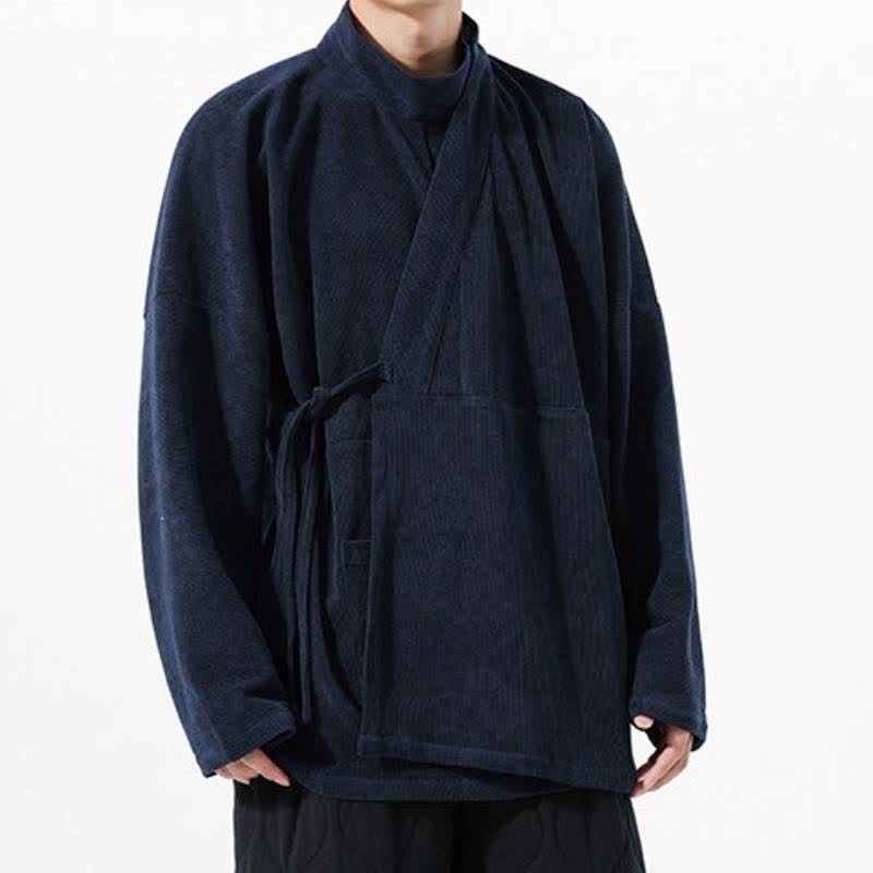 Buddha Stones Kimono da uomo casual autunno/inverno, stile Tang, con colletto alla coreana, tinta unita e tasca. - Marina - US/UK/AU46, EU56 (5XL) - image 15