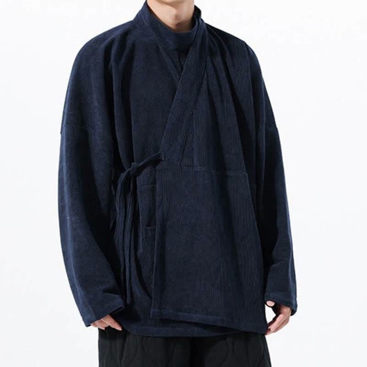 Buddha Stones Kimono da uomo casual autunno/inverno, stile Tang, con colletto alla coreana, tinta unita e tasca. - Marina - US/UK/AU46, EU56 (5XL) - image 15