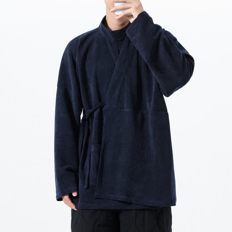 Buddha Stones Kimono da uomo casual autunno/inverno, stile Tang, con colletto alla coreana, tinta unita e tasca. - image 22