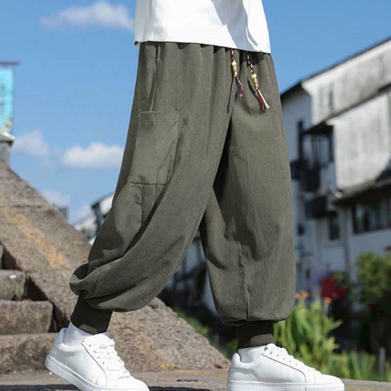 Buddha Stones Pantaloni da uomo a gamba affusolata, stile vintage, con coulisse, per autunno/inverno, modello casual vintage, con tasche. - image 2