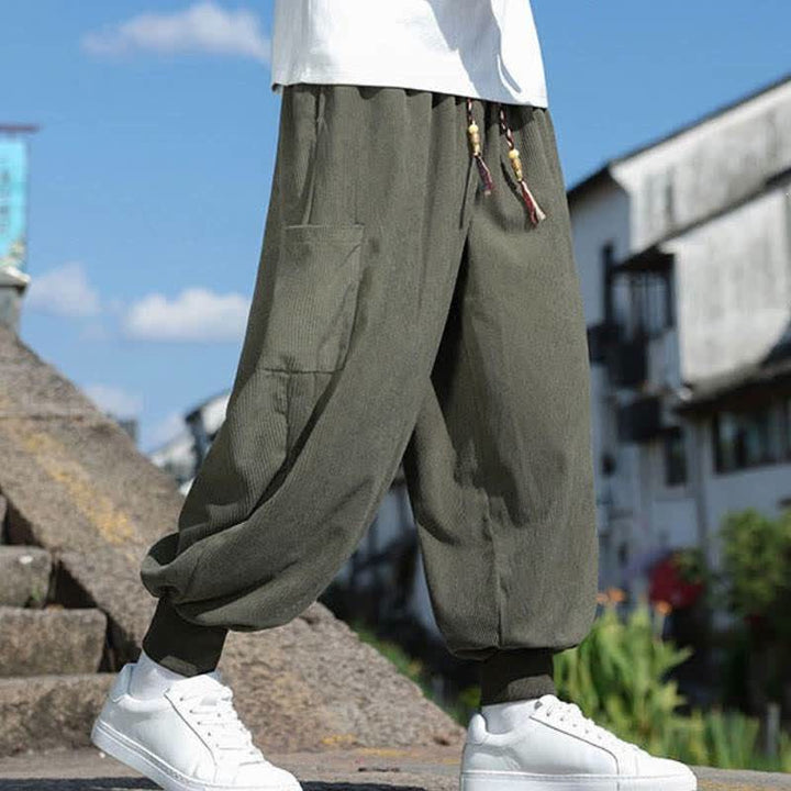 Buddha Stones Pantaloni da uomo a gamba affusolata, stile vintage, con coulisse, per autunno/inverno, modello casual vintage, con tasche. - image 2