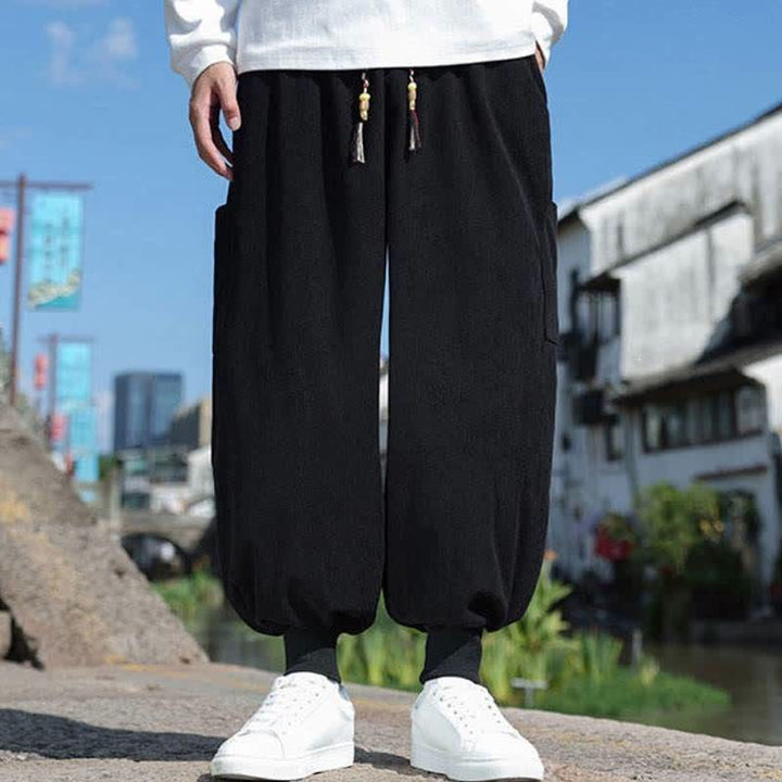 Buddha Stones Pantaloni da uomo a gamba affusolata, stile vintage, con coulisse, per autunno/inverno, modello casual vintage, con tasche. - Nero - US/UK/AU46, EU56 (5XL) - image 8