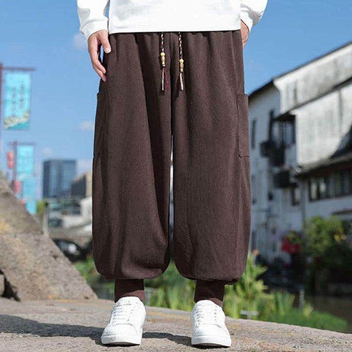 Buddha Stones Pantaloni da uomo a gamba affusolata, stile vintage, con coulisse, per autunno/inverno, modello casual vintage, con tasche. - Marrone sella - US/UK/AU46, EU56 (5XL) - image 28