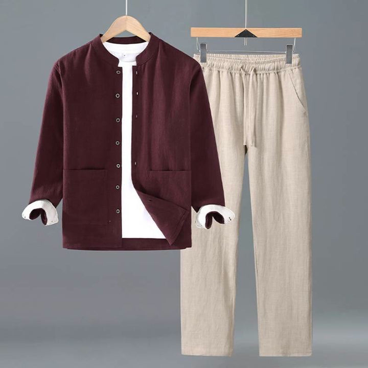 Buddha Stones Camicia a maniche lunghe da uomo in ramia tinta unita stile Tang, minimalista, con bottoni, primavera autunno, pantaloni, tessuto da meditazione con tasche - Camicia bordeaux e pantaloni beige - US/UK/AU42, EU52 (3XL) - image 10