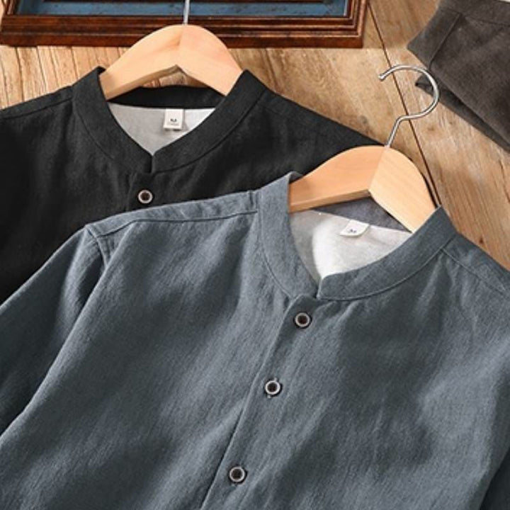 Buddha Stones Camicia a maniche lunghe da uomo in ramia tinta unita stile Tang, minimalista, con bottoni, primavera autunno, pantaloni, tessuto da meditazione con tasche - image 13