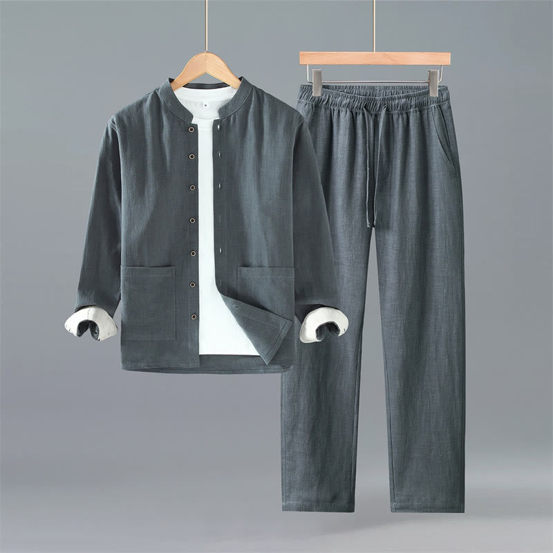 Buddha Stones Camicia a maniche lunghe da uomo in ramia tinta unita stile Tang, minimalista, con bottoni, primavera autunno, pantaloni, tessuto da meditazione con tasche - Pantaloni camicia grigio scuro - US/UK/AU42, EU52 (3XL) - image 12