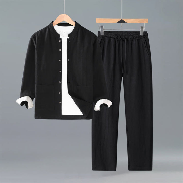 Buddha Stones Camicia a maniche lunghe da uomo in ramia tinta unita stile Tang, minimalista, con bottoni, primavera autunno, pantaloni, tessuto da meditazione con tasche - Pantaloni neri camicia - US/UK/AU42, EU52 (3XL) - image 9