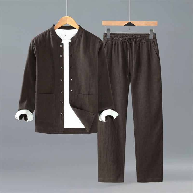 Buddha Stones Camicia a maniche lunghe da uomo in ramia tinta unita stile Tang, minimalista, con bottoni, primavera autunno, pantaloni, tessuto da meditazione con tasche - Camicia e pantaloni color marrone sella - US/UK/AU42, EU52 (3XL) - image 0