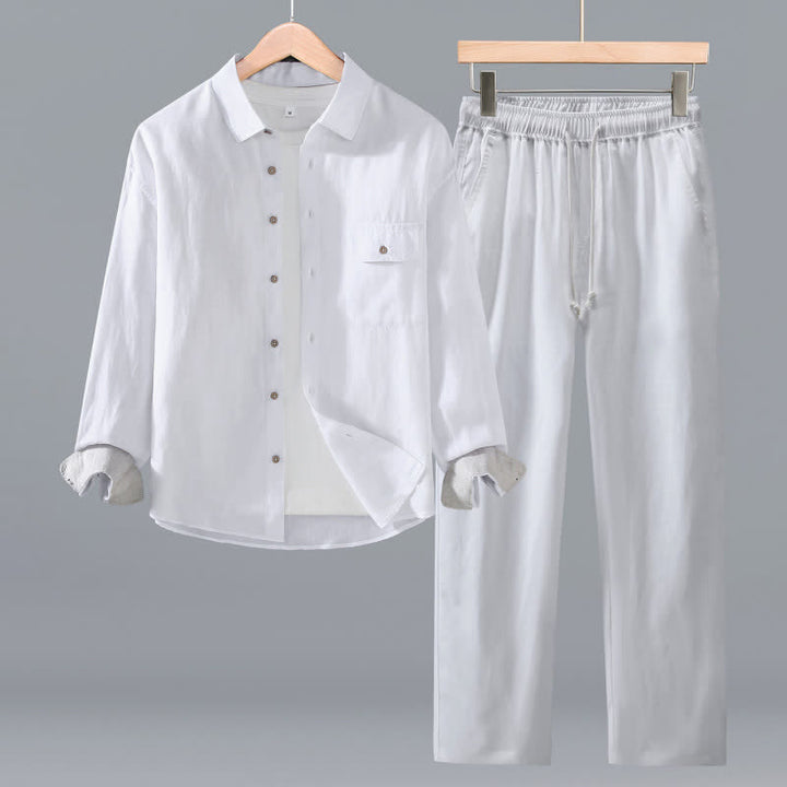 Buddha Stones Camicia a maniche lunghe casual minimalista con bottoni, pantaloni con coulisse, tinta unita, da uomo, per meditazione, con tasca - Bianco - US/UK/AU42, EU52 (3XL) - image 16