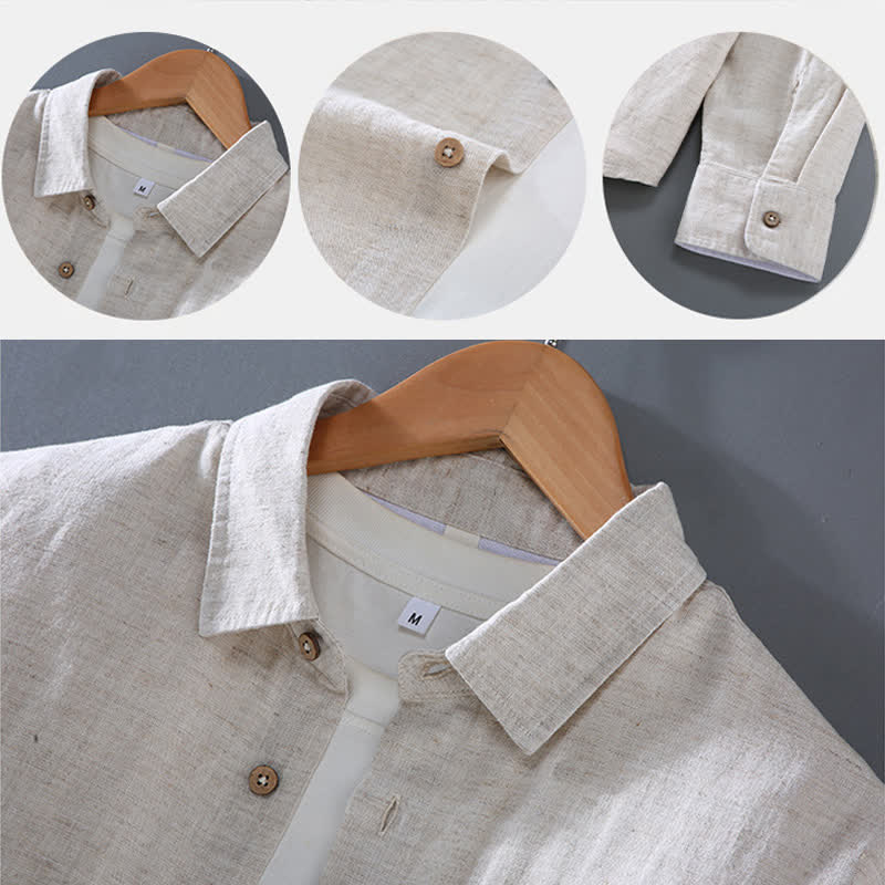 Buddha Stones Camicia a maniche lunghe casual minimalista con bottoni, pantaloni con coulisse, tinta unita, da uomo, per meditazione, con tasca - image 3