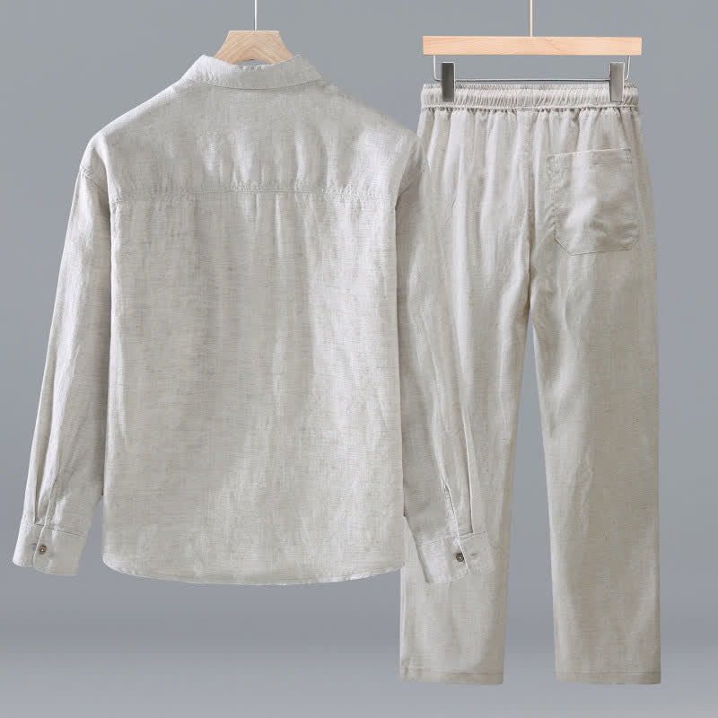 Buddha Stones Camicia a maniche lunghe casual minimalista con bottoni, pantaloni con coulisse, tinta unita, da uomo, per meditazione, con tasca - image 2