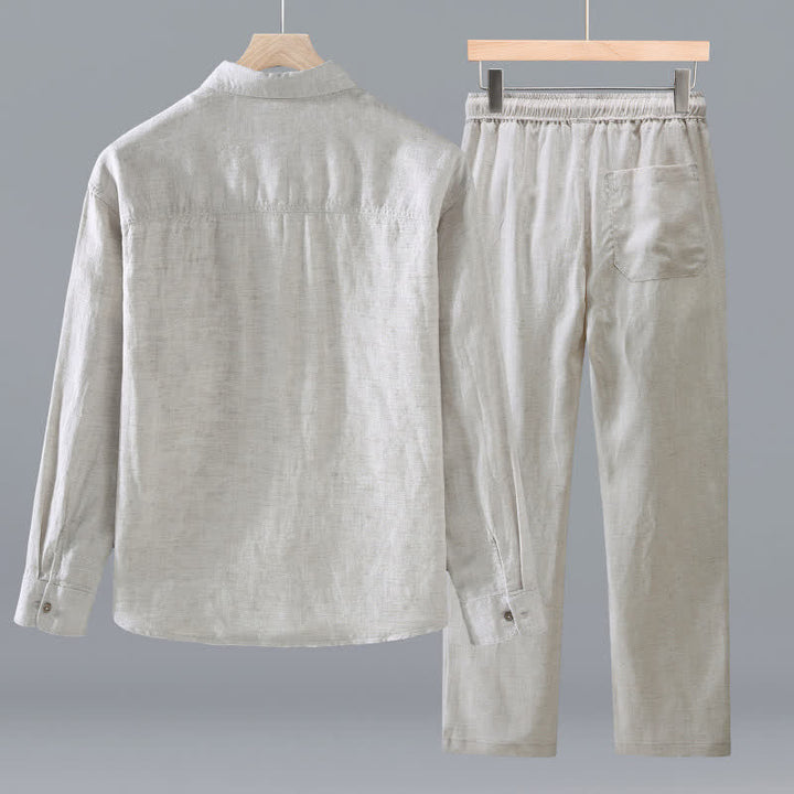 Buddha Stones Camicia a maniche lunghe casual minimalista con bottoni, pantaloni con coulisse, tinta unita, da uomo, per meditazione, con tasca - image 2