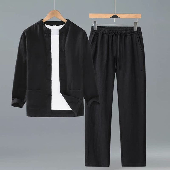 Buddha Stones Camicia e pantaloni da uomo in ramia tinta unita stile Tang con colletto alla coreana, primavera/autunno, con tasche, ideali per la meditazione. - Nero - US/UK/AU42, EU52 (3XL) - image 9