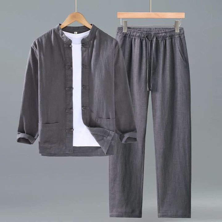 Buddha Stones Camicia e pantaloni da uomo in ramia tinta unita stile Tang con colletto alla coreana, primavera/autunno, con tasche, ideali per la meditazione. - Grigio tenue - US/UK/AU42, EU52 (3XL) - image 10
