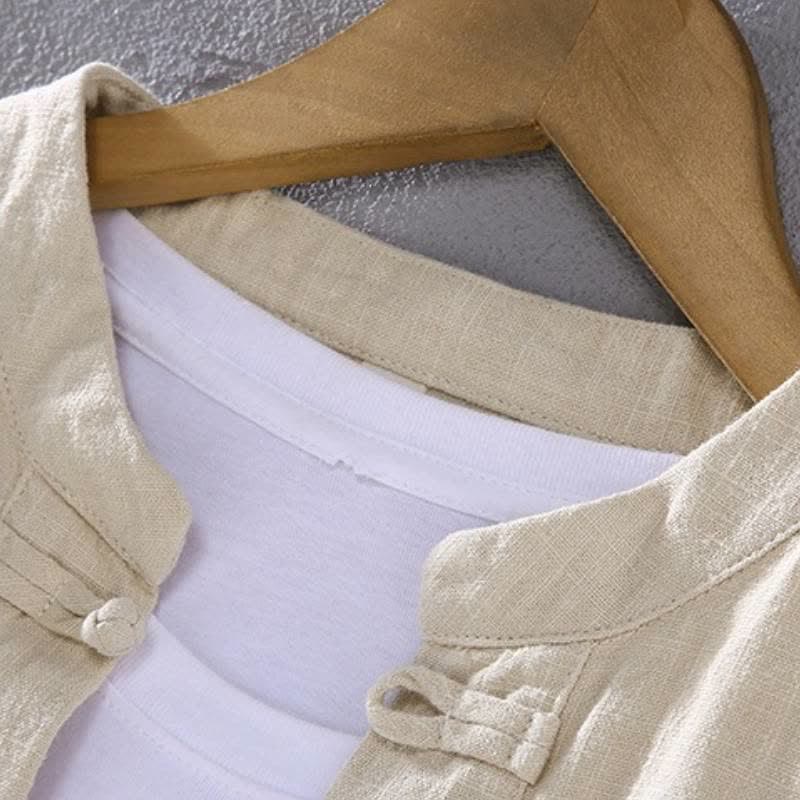 Buddha Stones Camicia e pantaloni da uomo in ramia tinta unita stile Tang con colletto alla coreana, primavera/autunno, con tasche, ideali per la meditazione. - image 2