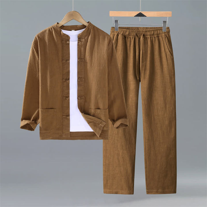 Buddha Stones Camicia e pantaloni da uomo in ramia tinta unita stile Tang con colletto alla coreana, primavera/autunno, con tasche, ideali per la meditazione. - Perù - US/UK/AU42, EU52 (3XL) - image 12
