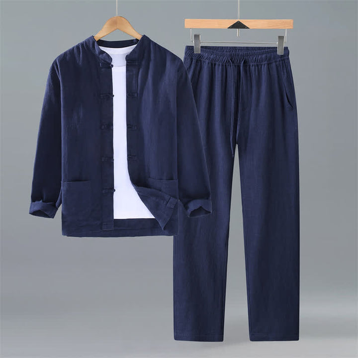 Buddha Stones Camicia e pantaloni da uomo in ramia tinta unita stile Tang con colletto alla coreana, primavera/autunno, con tasche, ideali per la meditazione. - Marina - US/UK/AU42, EU52 (3XL) - image 11