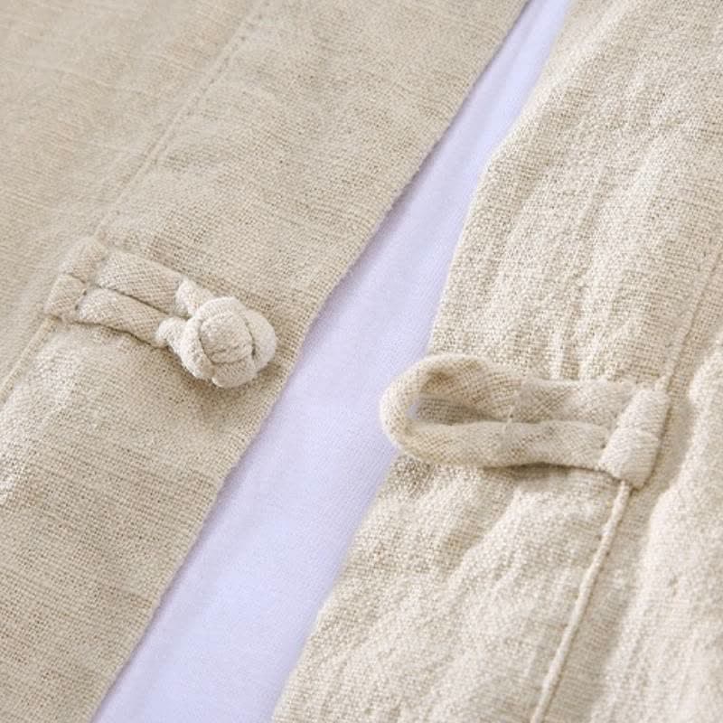 Buddha Stones Camicia e pantaloni da uomo in ramia tinta unita stile Tang con colletto alla coreana, primavera/autunno, con tasche, ideali per la meditazione. - image 4