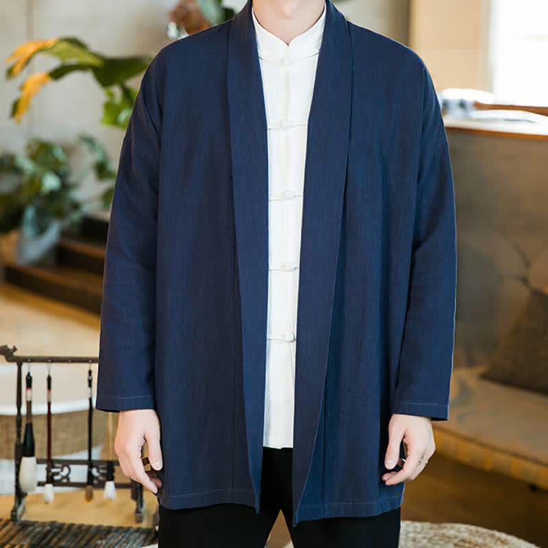 Buddha Stones Kimono da uomo a maniche lunghe in cotone tinta unita, stile Tang, casual, autunno/inverno. - image 14
