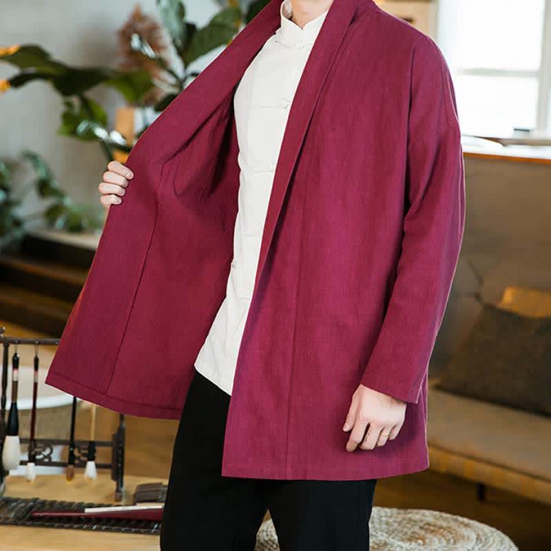 Buddha Stones Kimono da uomo a maniche lunghe in cotone tinta unita, stile Tang, casual, autunno/inverno. - image 22