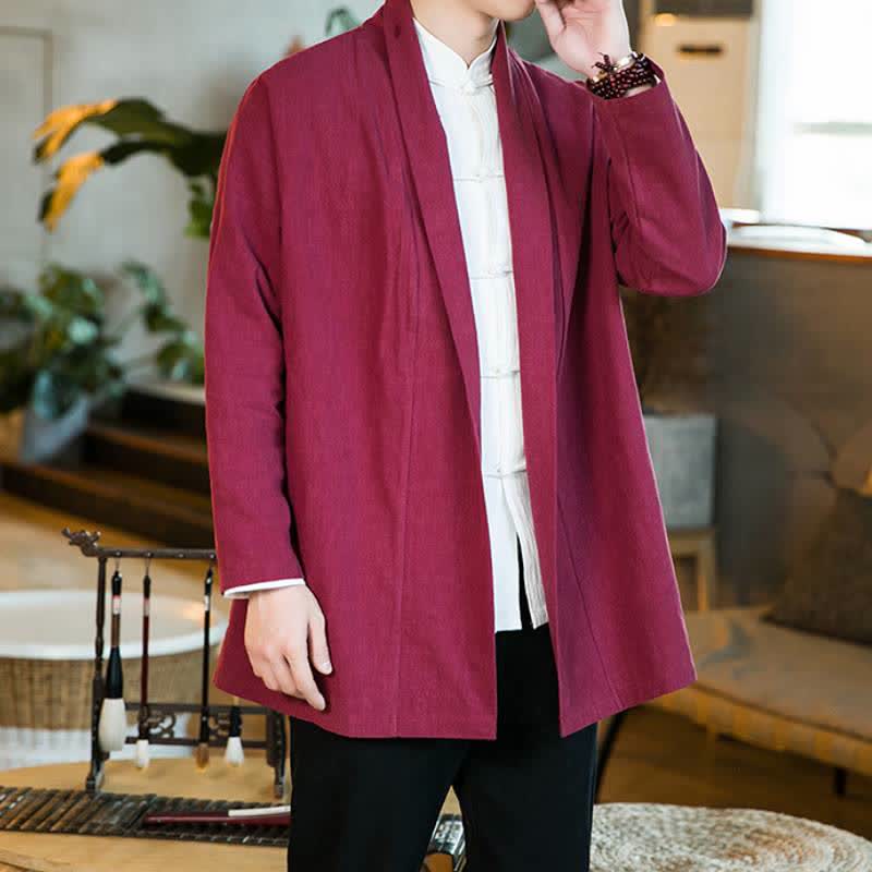 Buddha Stones Kimono da uomo a maniche lunghe in cotone tinta unita, stile Tang, casual, autunno/inverno. - FireBrick - US/UK/AU46, EU56 (5XL) - image 17