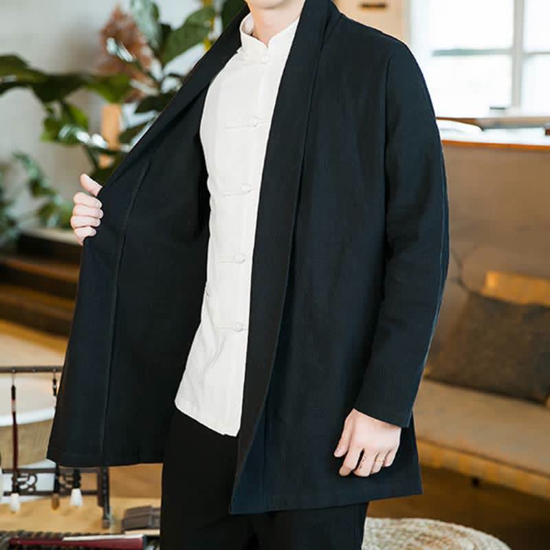 Buddha Stones Kimono da uomo a maniche lunghe in cotone tinta unita, stile Tang, casual, autunno/inverno. - image 11