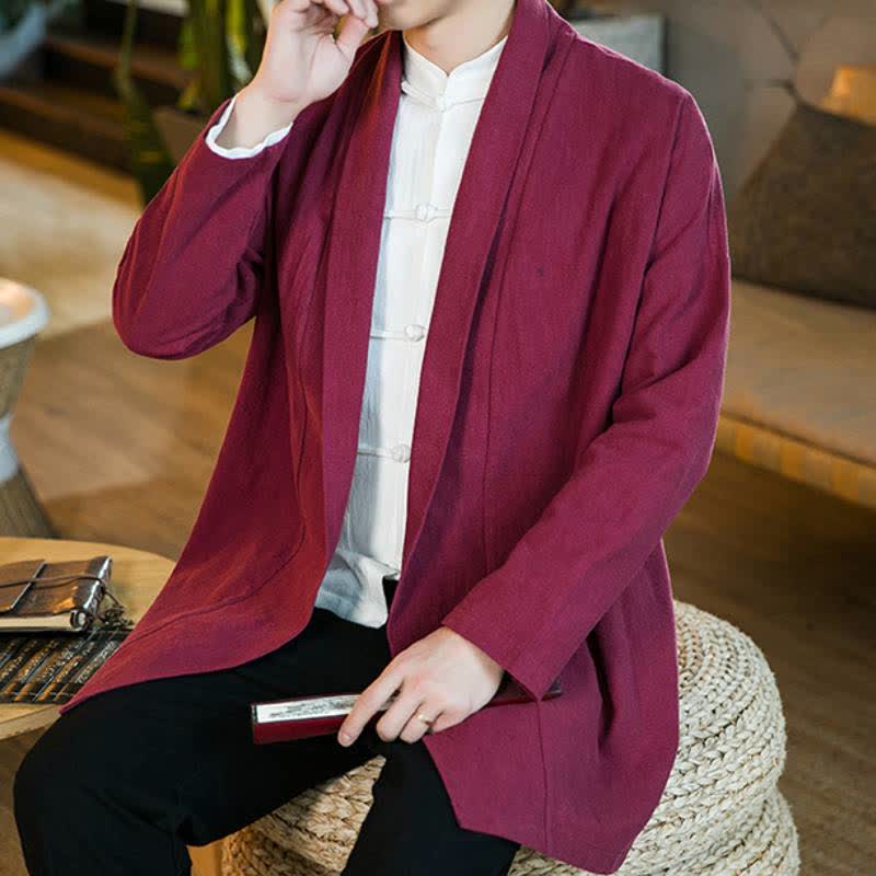 Buddha Stones Kimono da uomo a maniche lunghe in cotone tinta unita, stile Tang, casual, autunno/inverno. - image 20