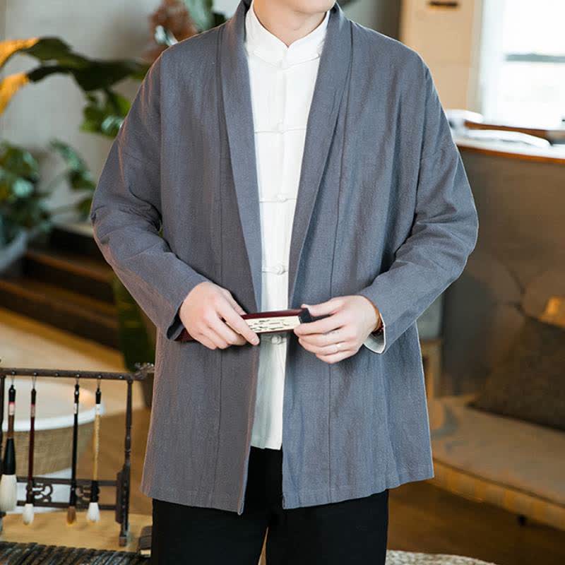 Buddha Stones Kimono da uomo a maniche lunghe in cotone tinta unita, stile Tang, casual, autunno/inverno. - image 1