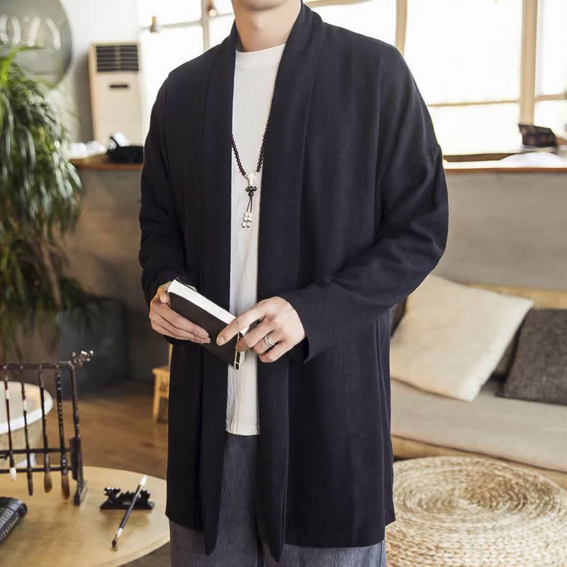 Buddha Stones Kimono da uomo a maniche lunghe, casual, minimalista, tinta unita, per autunno/inverno. - image 11